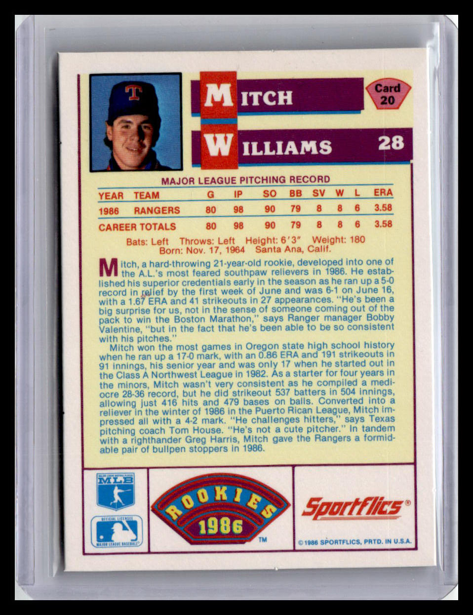 1986 Sportflics Rookies Mitch Williams #20 Texas Rangers