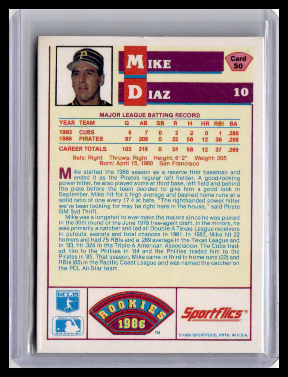 1986 Sportflics Rookies Mike Diaz #50 Pirates