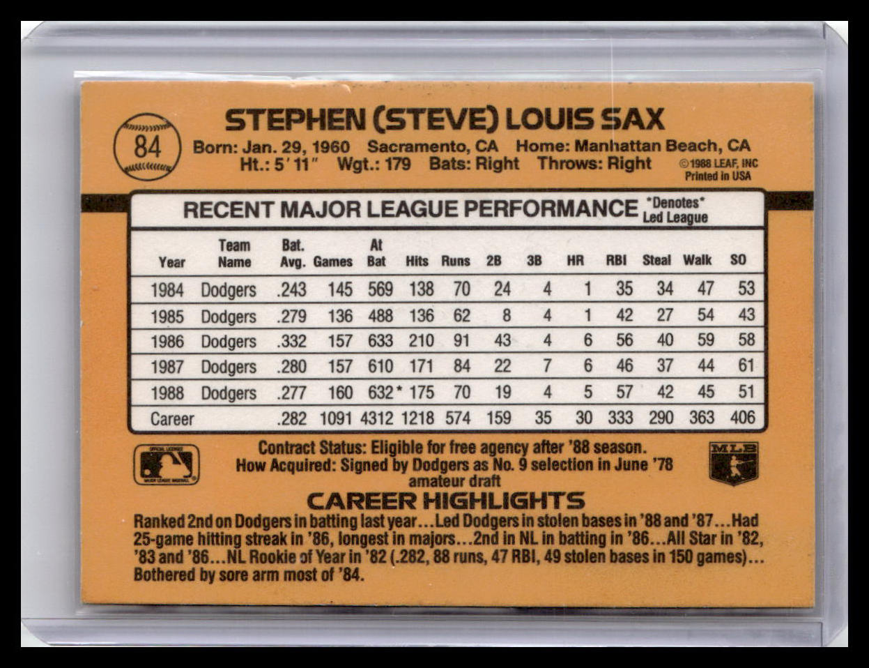 1989 Donruss Steve Sax #84