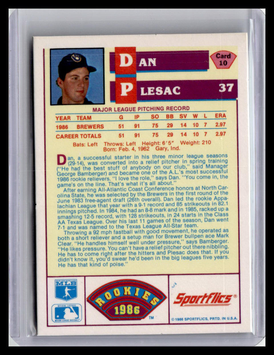 1986 Sportflics Rookies Dan Plesac #10 Brewers