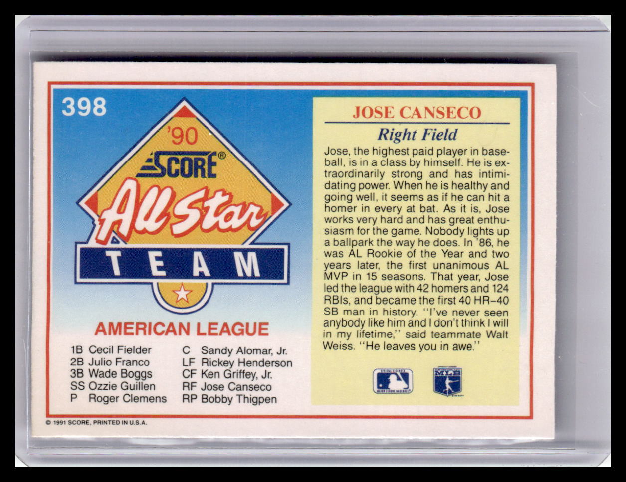 Baseball trading card featuring Jose Canseco of the American League, with text and logo details.