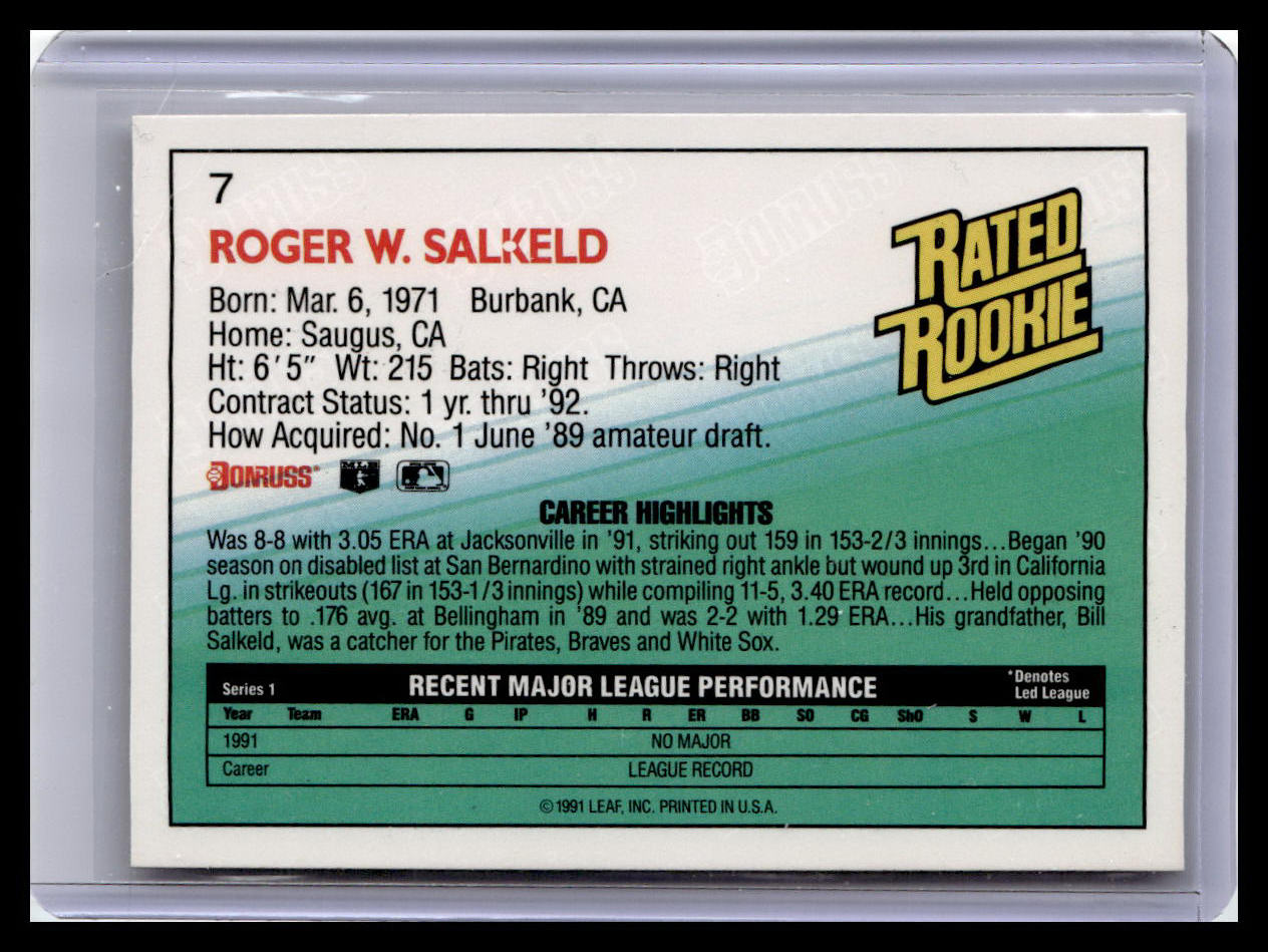 1992 Donruss Roger Salkeld Rated Rookie #7 (Error Card)