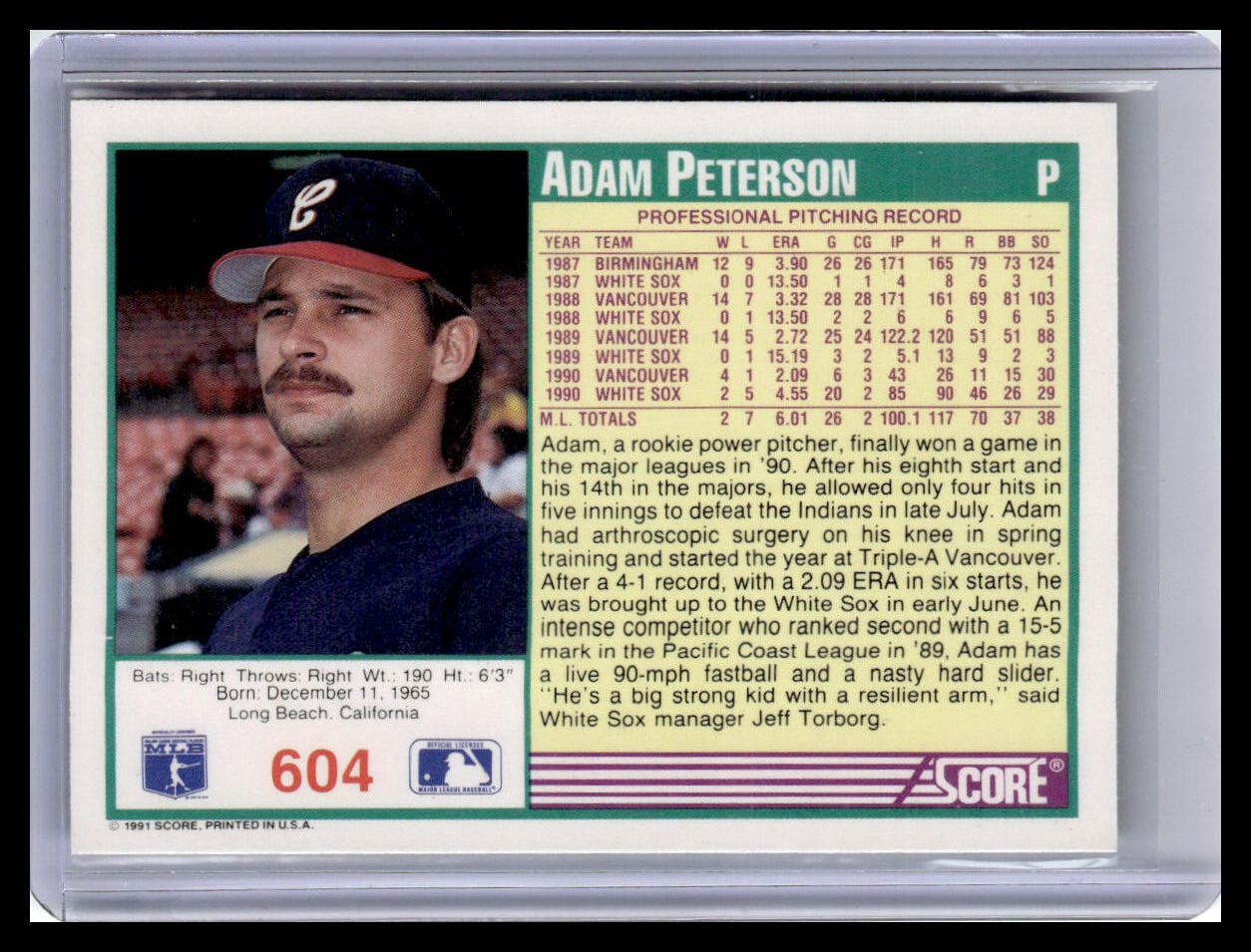 Baseball trading card of Adam Peterson with player information and statistics.