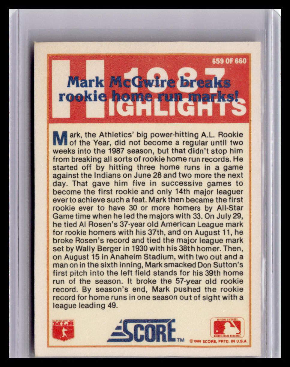 Baseball trading card back featuring Mark McGwire's rookie season highlights