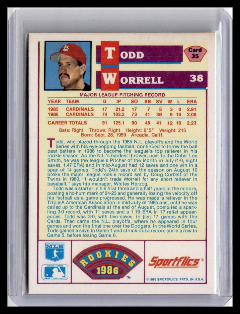 1986 Sportflics Rookies Todd Worrell #35