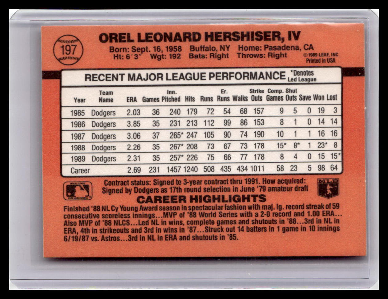 1990 Donruss Orel Hershiser #197 ERROR Card-No period after Inc