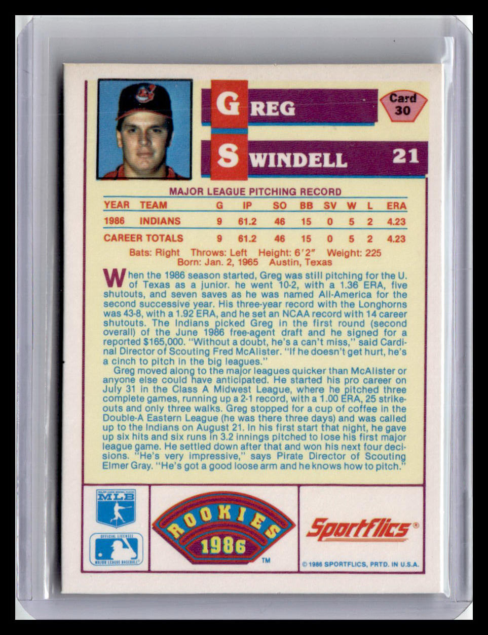 1986 Sportflics Rookies Greg Swindell #30