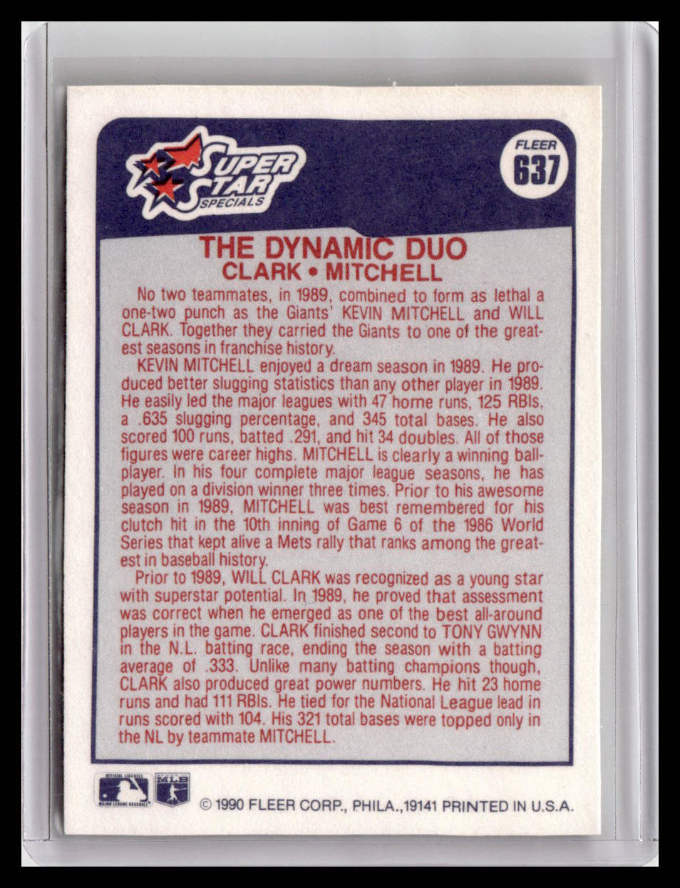 1990 Fleer Will Clark/Kevin Mitchell Dynamic Duo #637