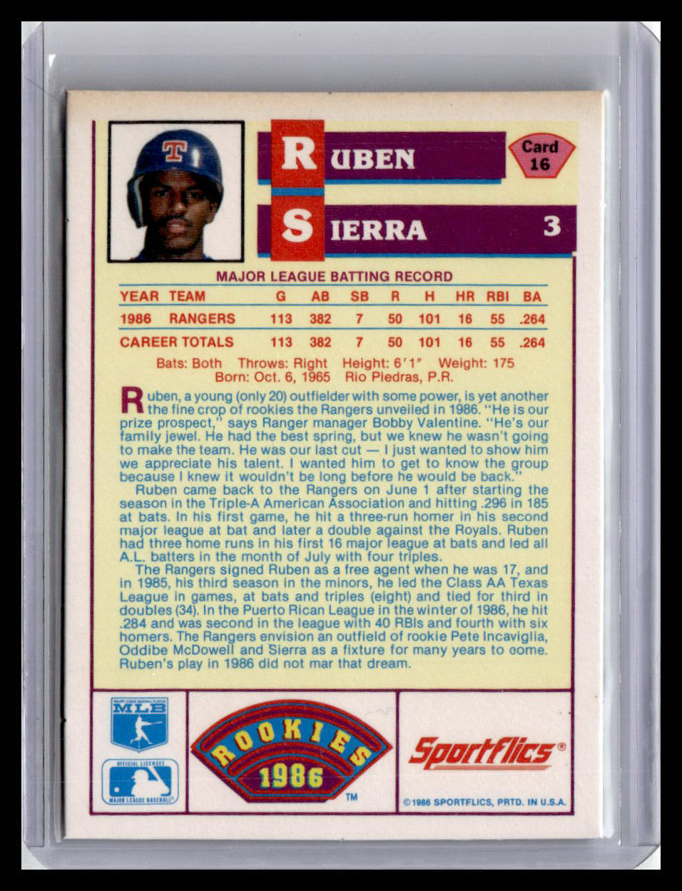 1986 Sportflics Rookies Ruben Sierra #16