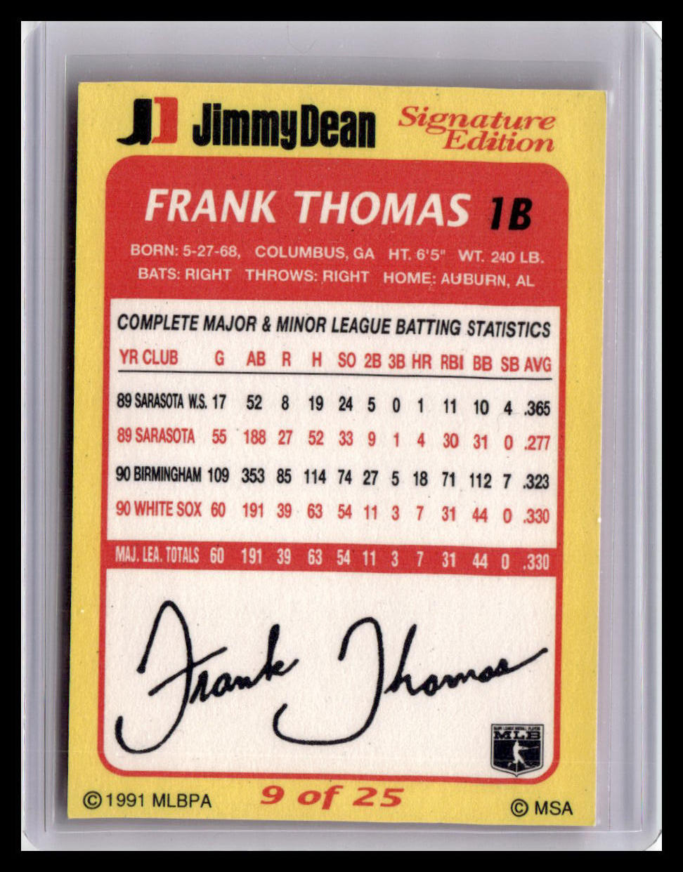 1991 Jimmy Dean Frank Thomas #9