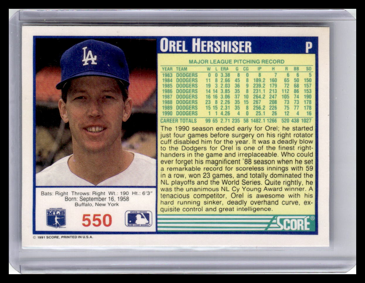 1991 Score Orel Hershiser Blue Border #550