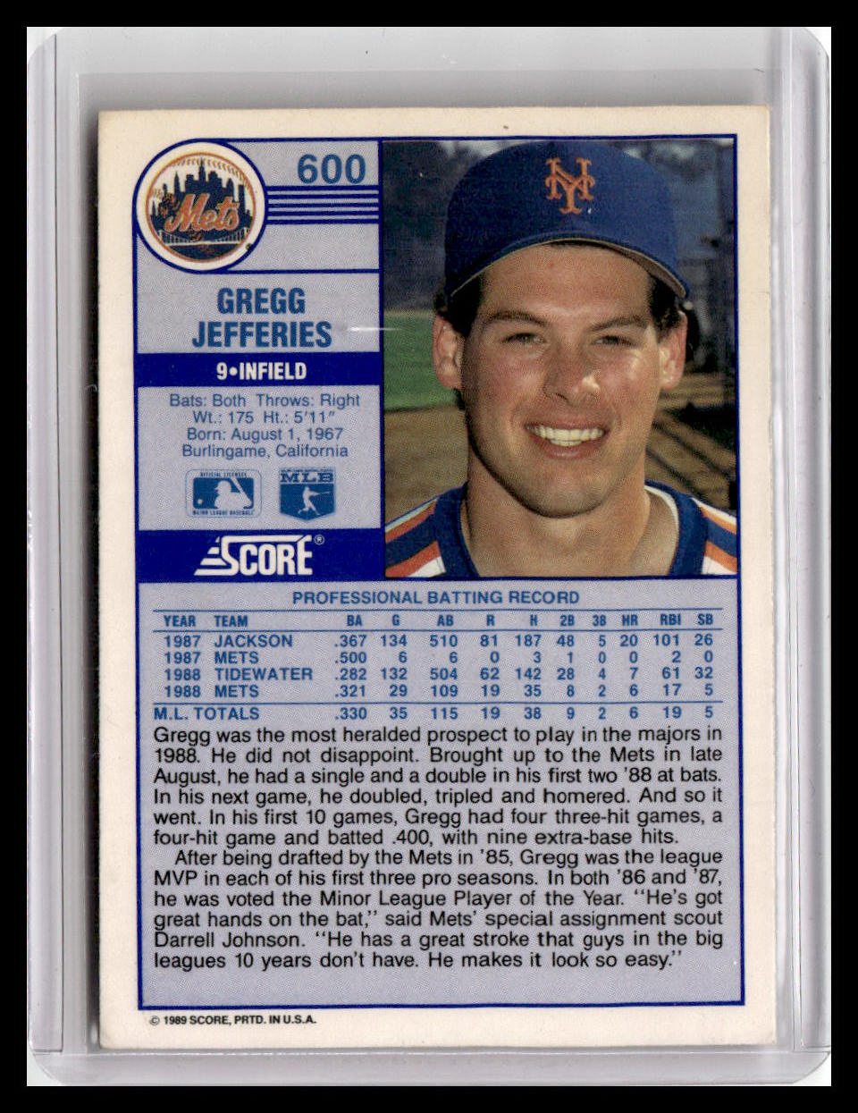 Baseball trading card of Gregg Jefferies with Mets logo