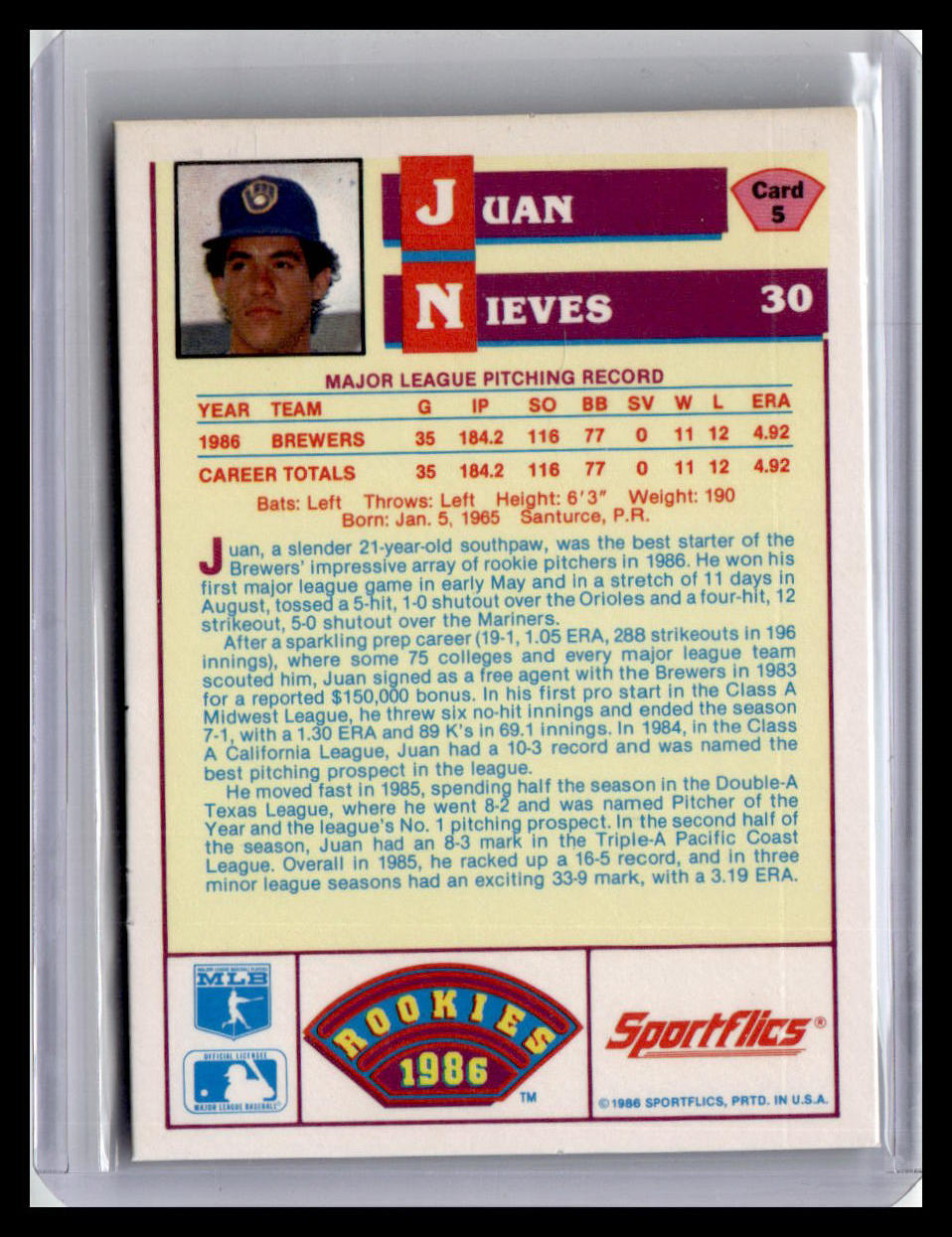 1986 Sportflics Rookies Juan Nieves #5