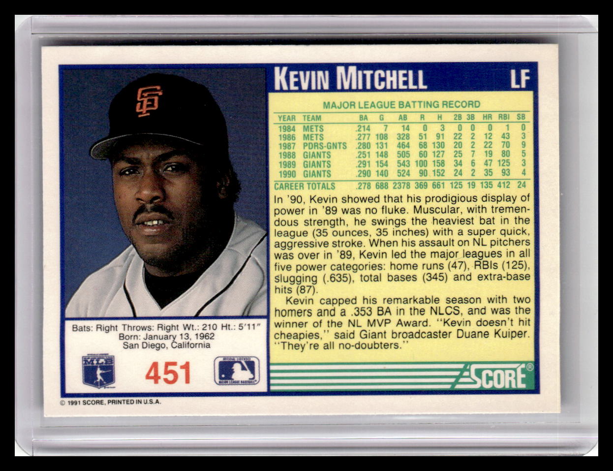 1991 Score Kevin Mitchell Blue Border #451
