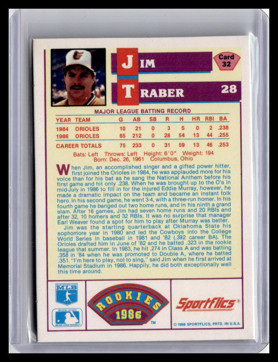 1986 Sportflics Rookies Jim Traber #32