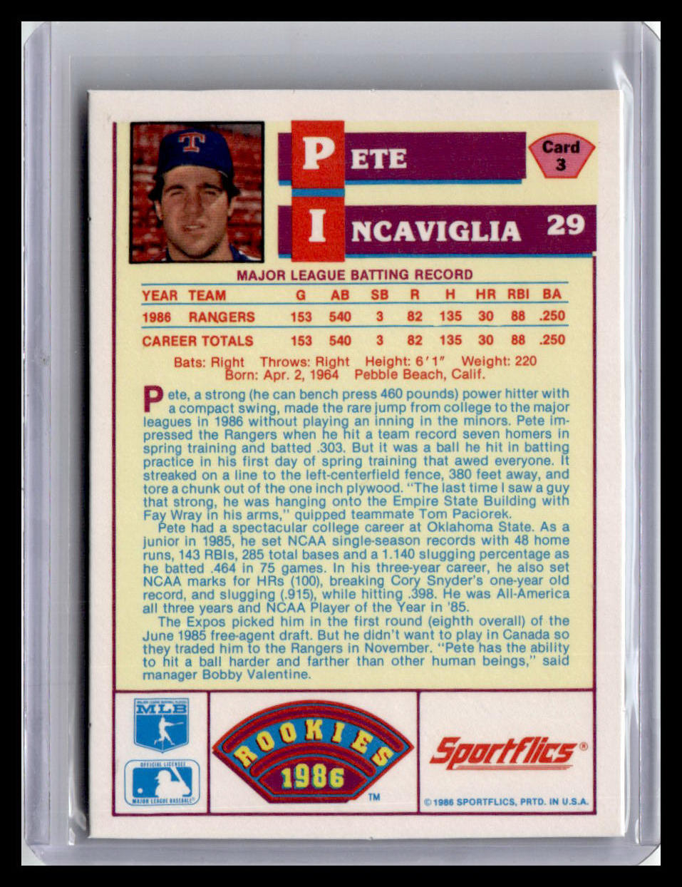 1986 Sportflics Rookies Pete Incaviglia #3
