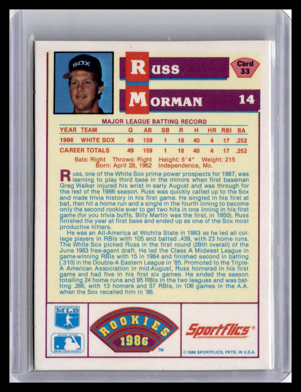 1986 Sportflics Rookies Russ Morman #33