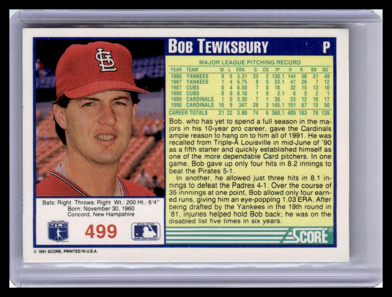 Baseball trading card of Bob Tewksbury with player information and statistics.