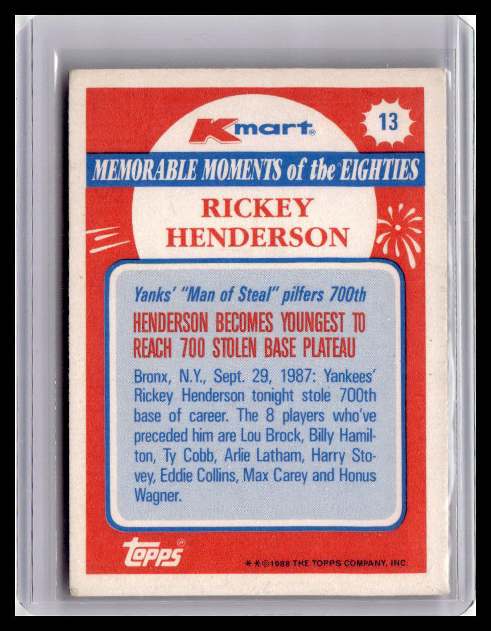 1988 Topps Kmart Rickey Henderson Memorable Moments #13
