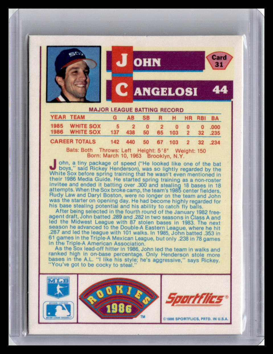 1986 Sportflics Rookies John Cangelosi #31