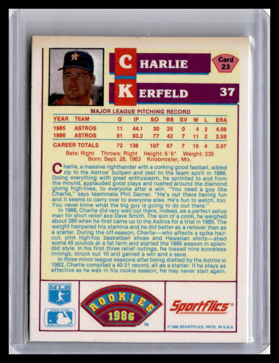 1986 Sportflics Rookies Charlie Kerfeld #23
