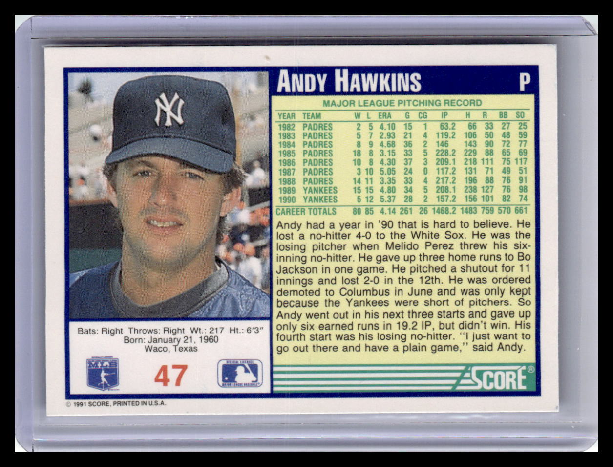 Baseball trading card of Andy Hawkins with his name, team, and statistics displayed.