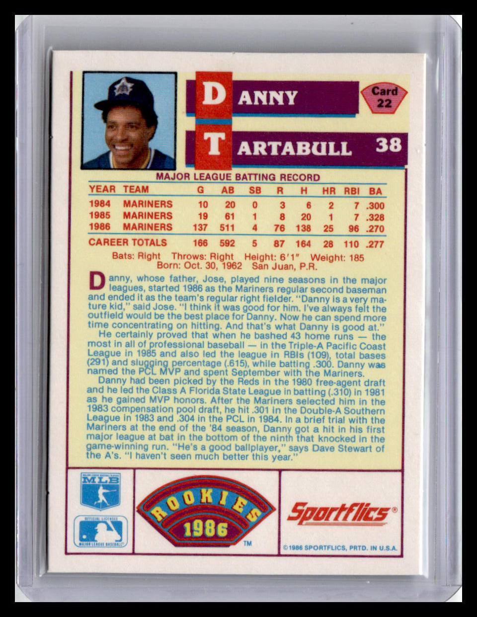 1986 Sportflics Rookies Danny Tartabull #22