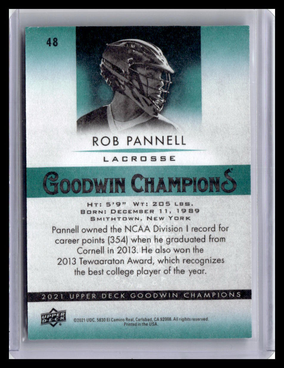 Lacrosse trading card featuring Rob Pannel with player information and statistics.