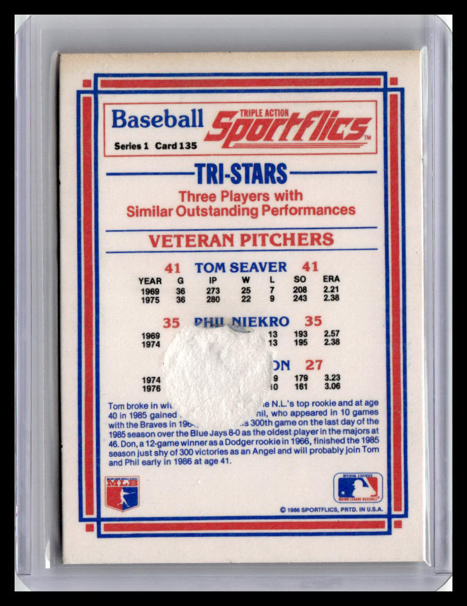 Sportflics Tri-Star Tom Seaver/Phil Niekro/ Don Sutton #135 (Wax Rip on Back)