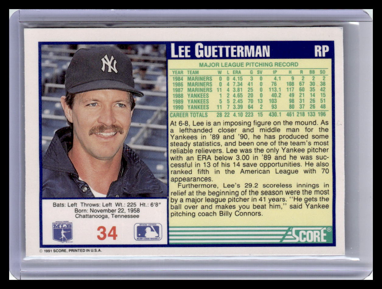 Baseball trading card of Lee Guetterman with player information and statistics.
