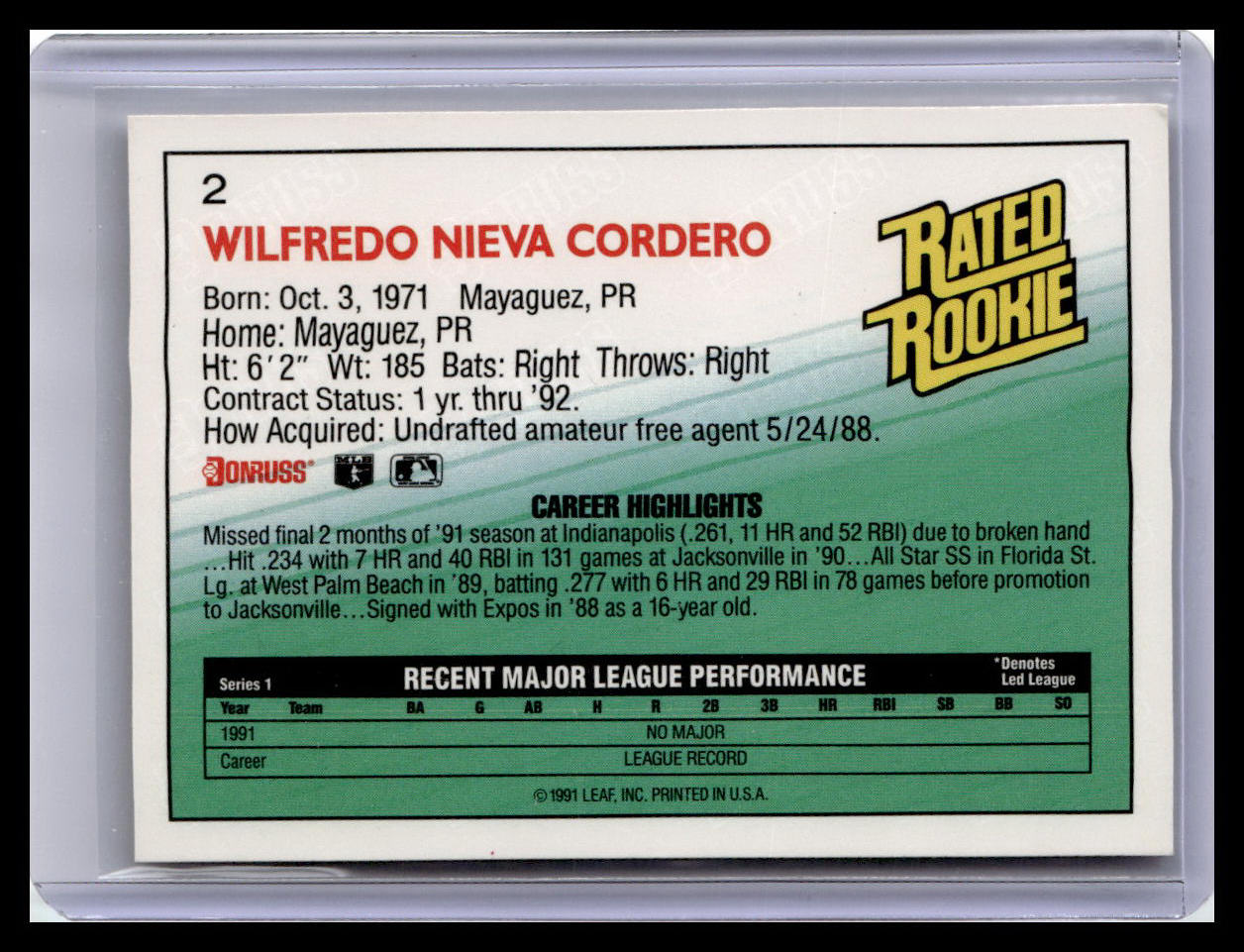 1992 Donruss Wil Cordero Rated Rookie #2