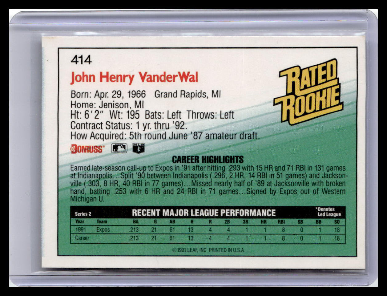 1992 Donruss John Vander Wal Rated Rookie #414