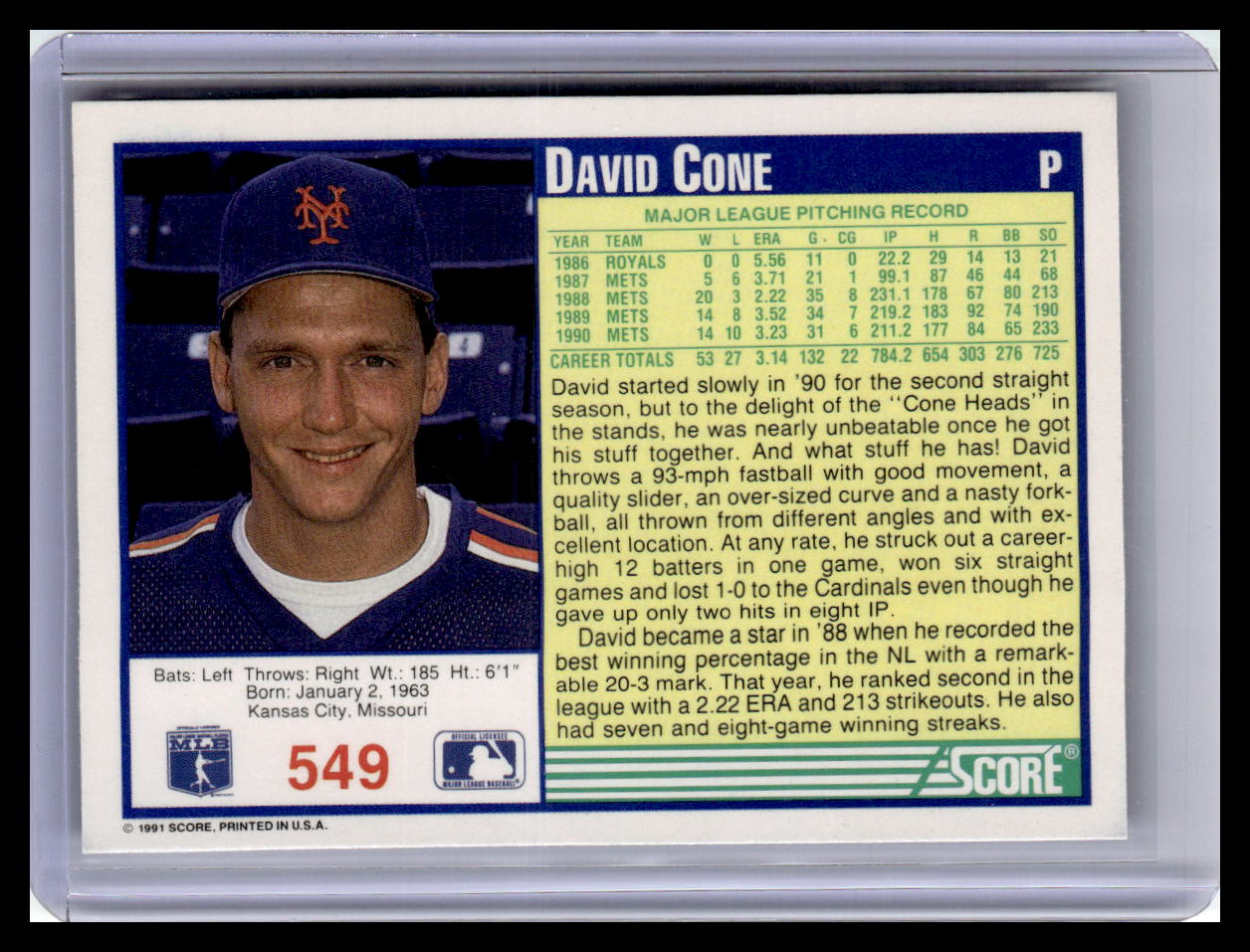 Baseball trading card of David Cone with player information and statistics.