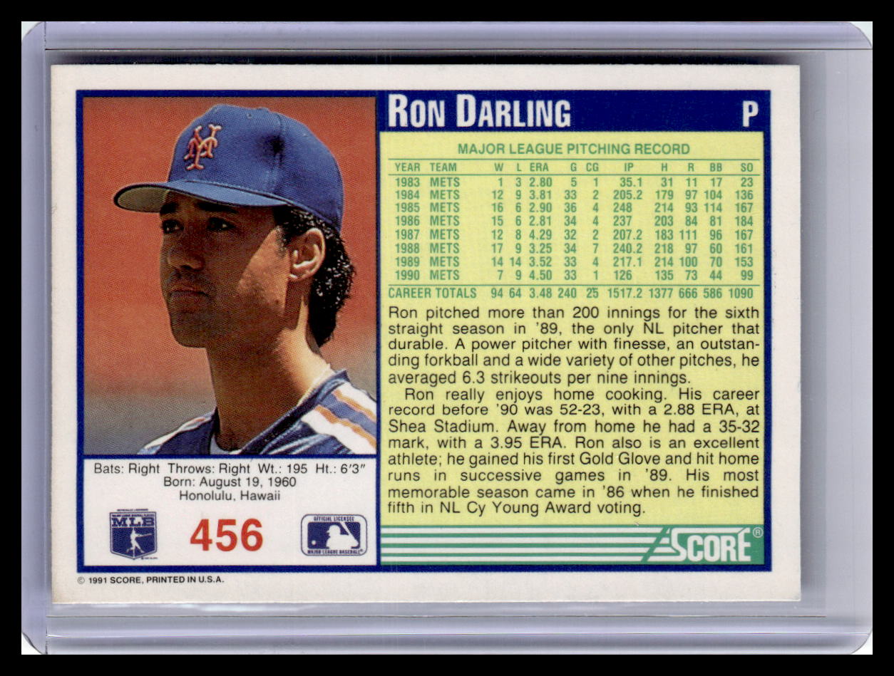 Baseball trading card of Ron Darling with player information and statistics.