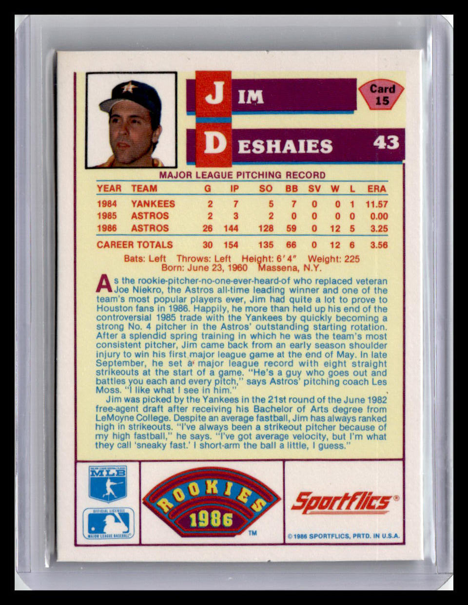 1986 Sportflics Rookies Jim Deshaies #15