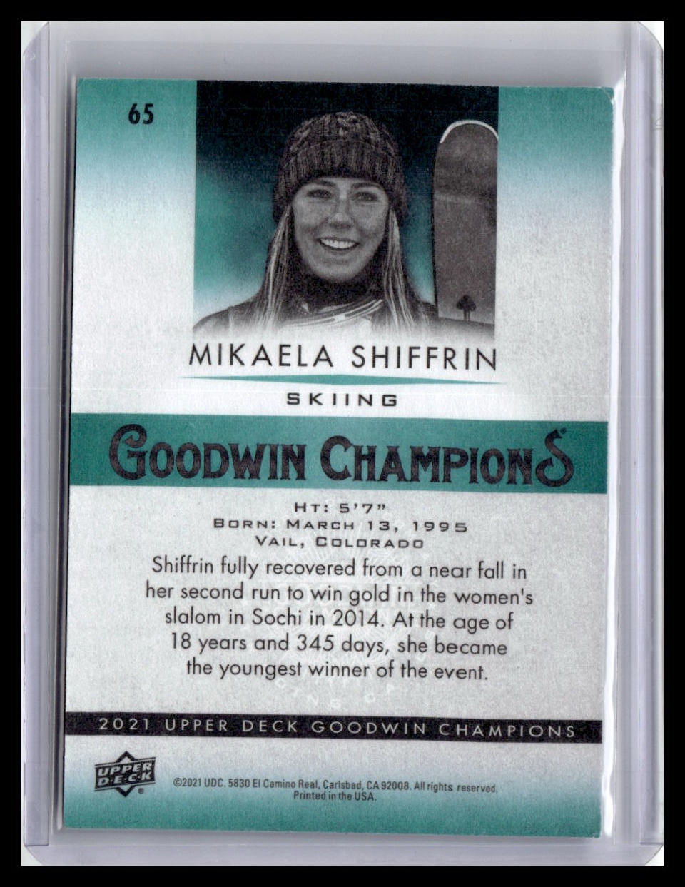 Trading card of Mikaela Shiffrin with her name and skiing details on a teal and white background.