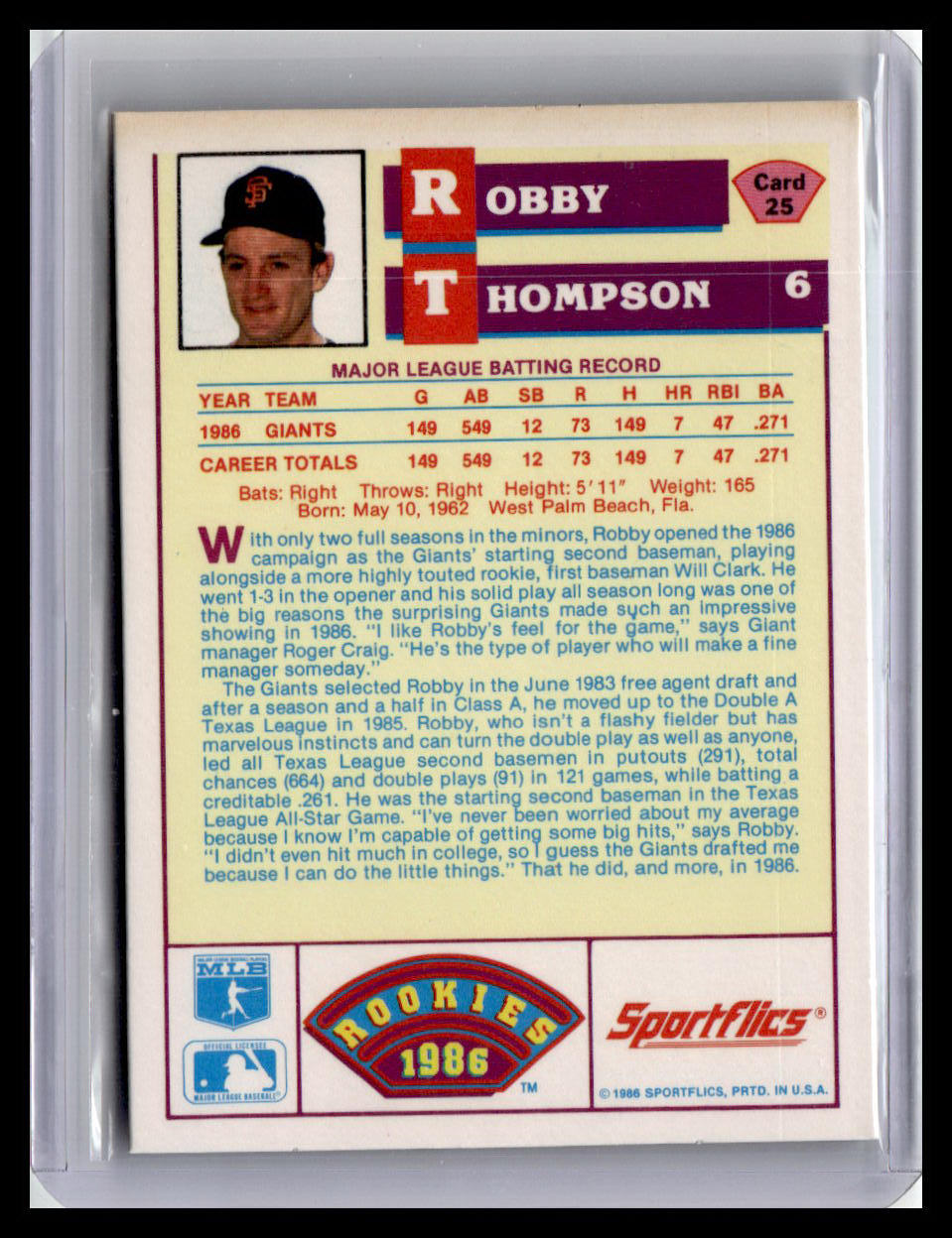 1986 Sportflics Rookies Robby Thompson #25