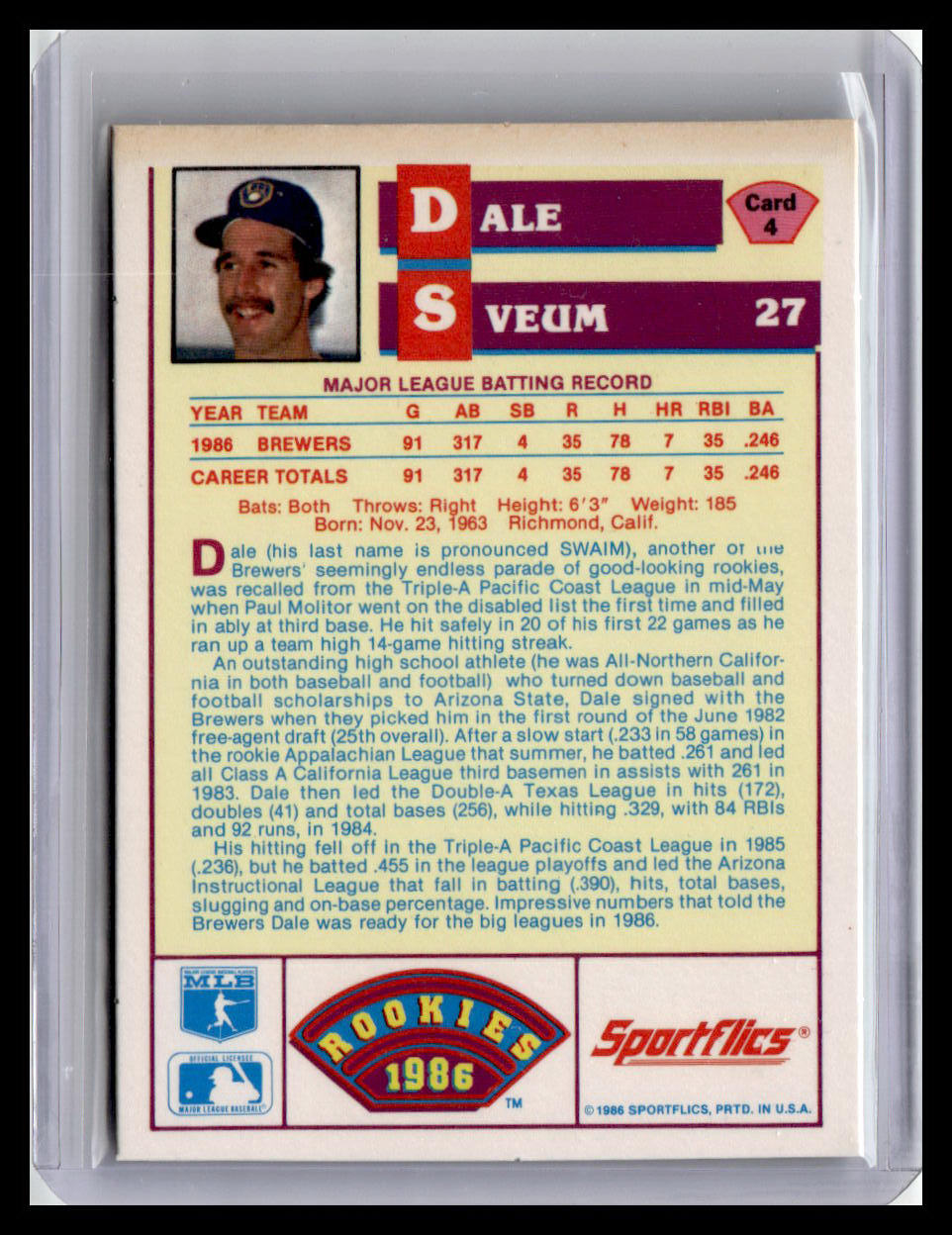 1986 Sportflics Rookies Dale Sveum #4