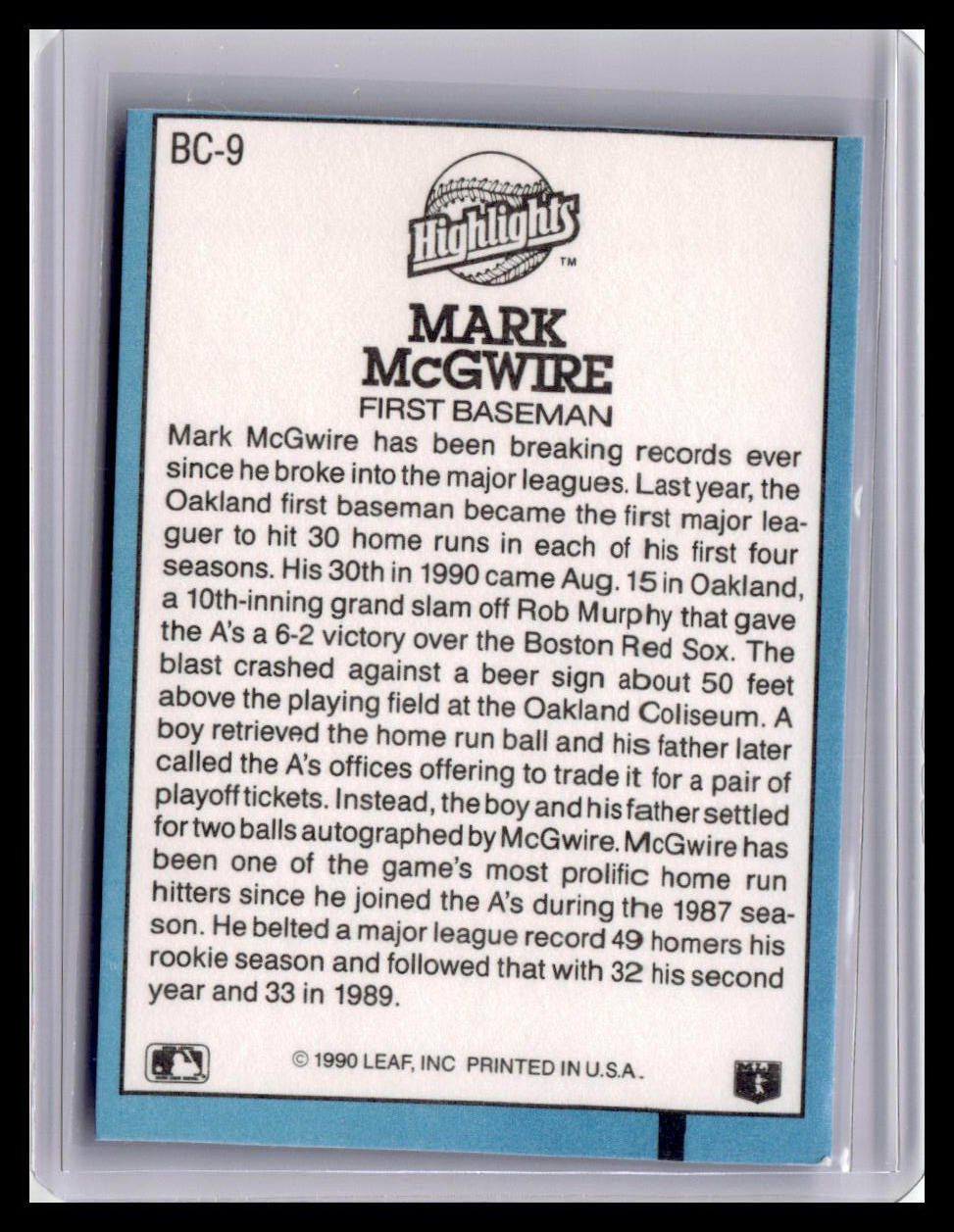 Baseball trading card back with Mark McGwire information