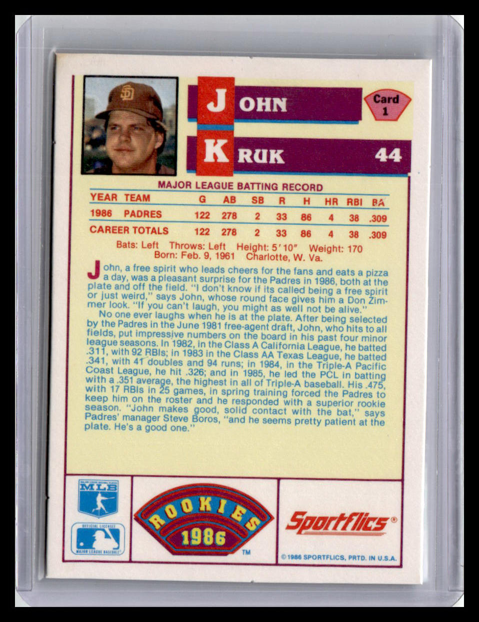 1986 Sportflics Rookies John Kruk #1