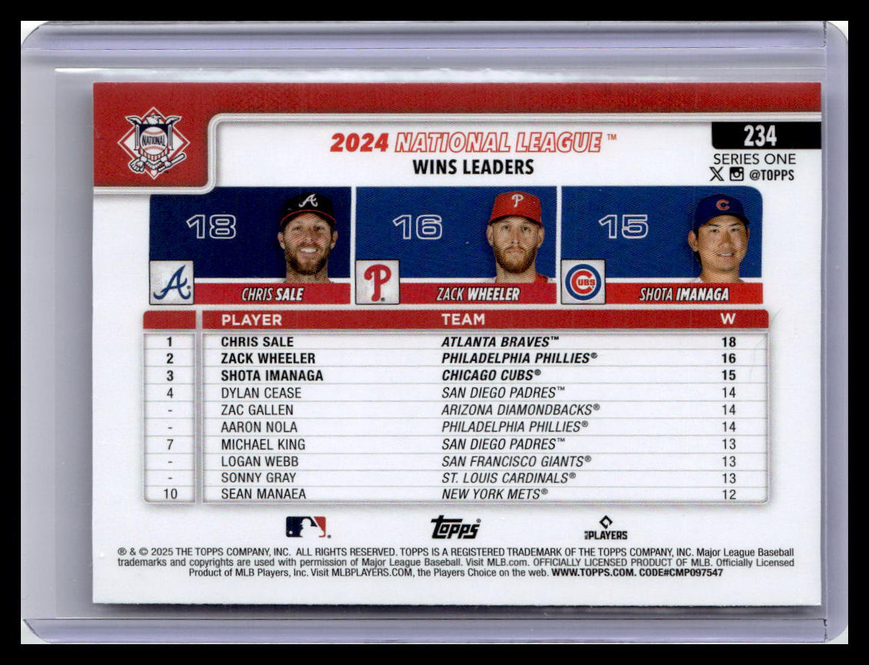 2025 Topps #234 National League Wins Leaders - Sale/ Wheeler/ Imanaga