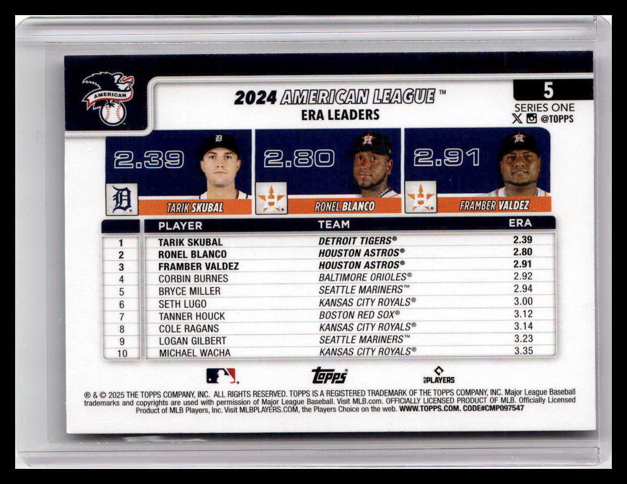 2025 Topps #5 American League ERA Leaders - Skubal / Blanco / Valdez