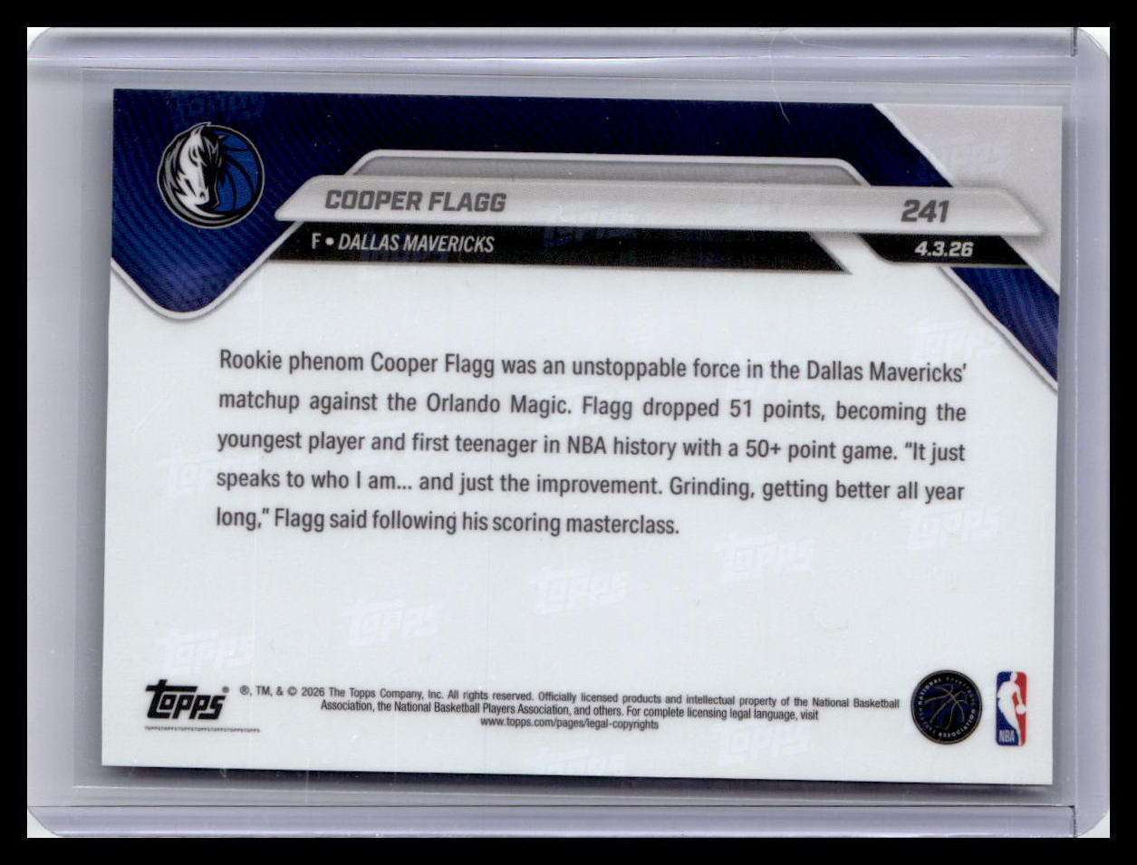 Topps Now Cooper Flagg Rookie Card - Back