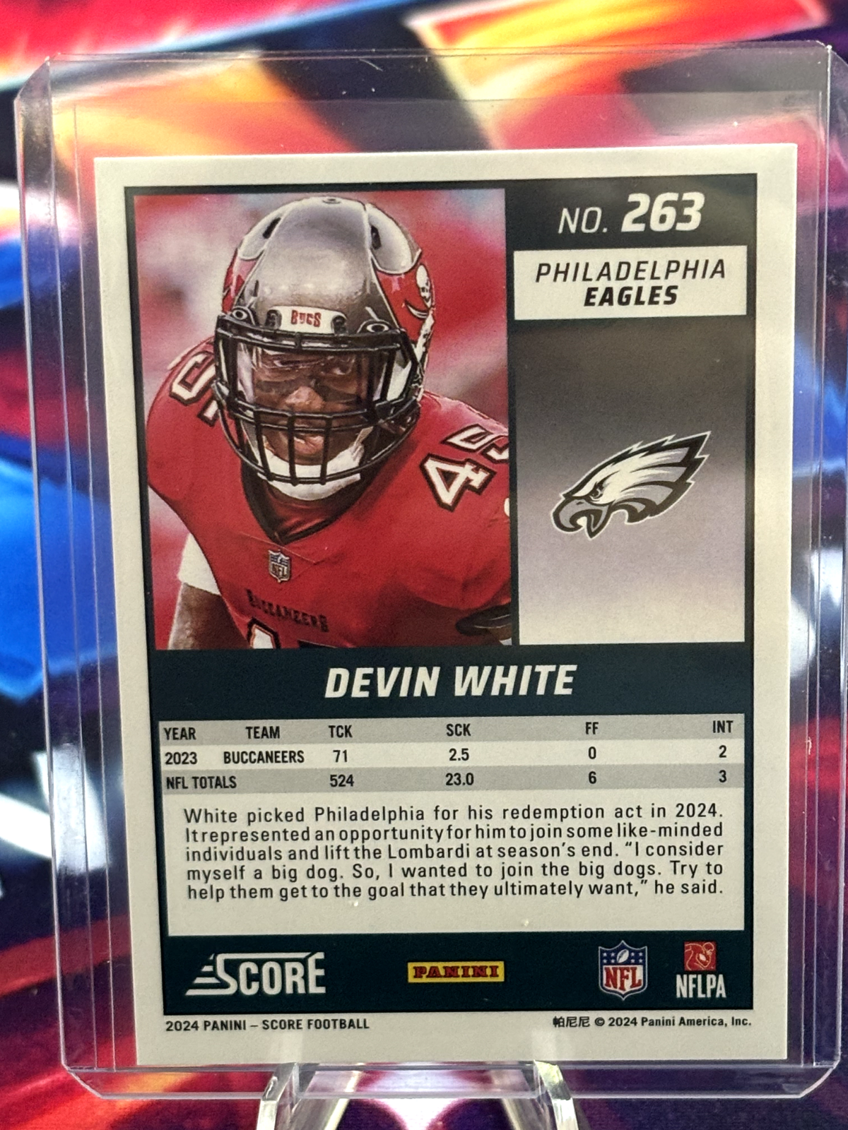#263 Devin White 2024 Score Football Base Philadelphia Eagles-back