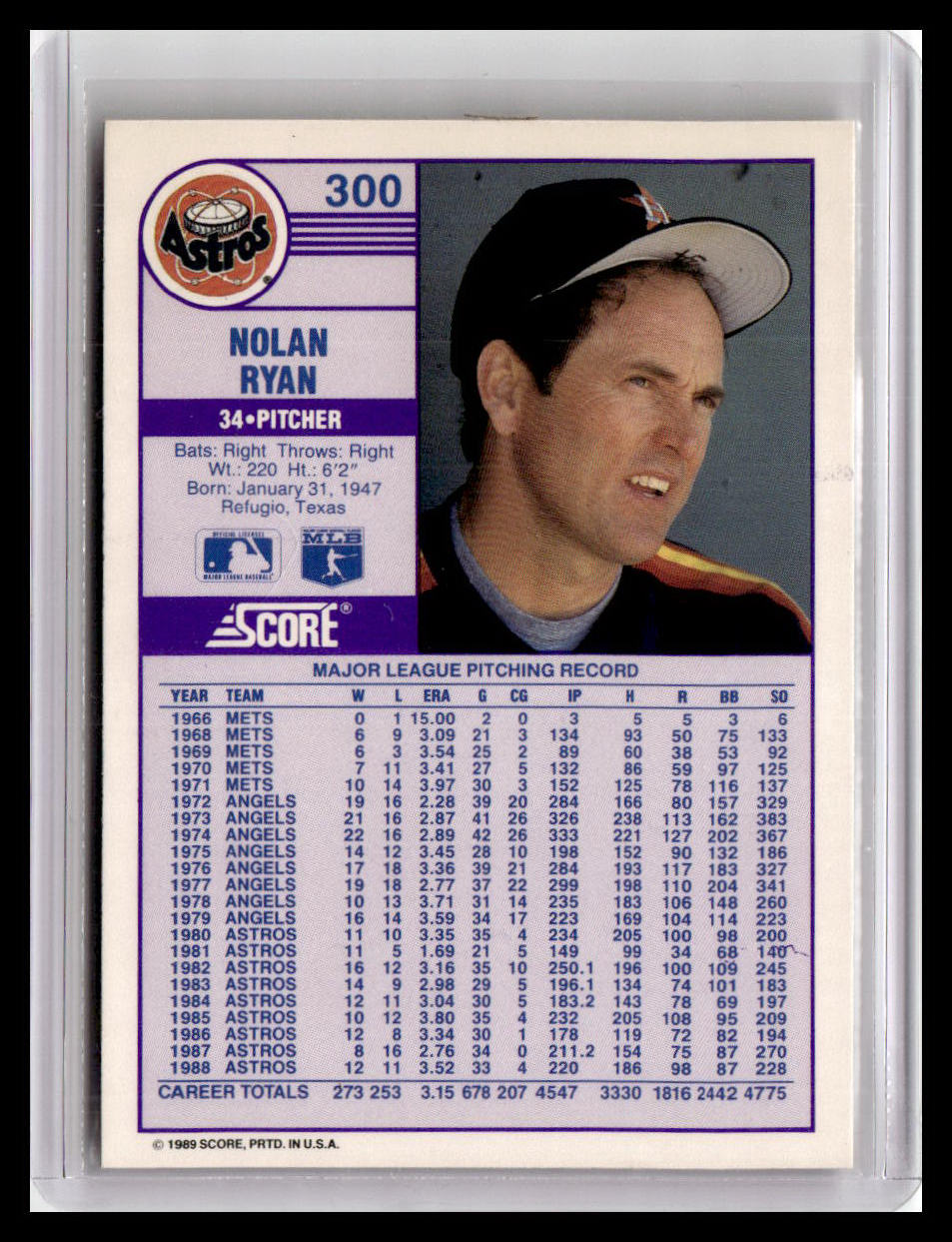 1989 Score #300 Nolan Ryan