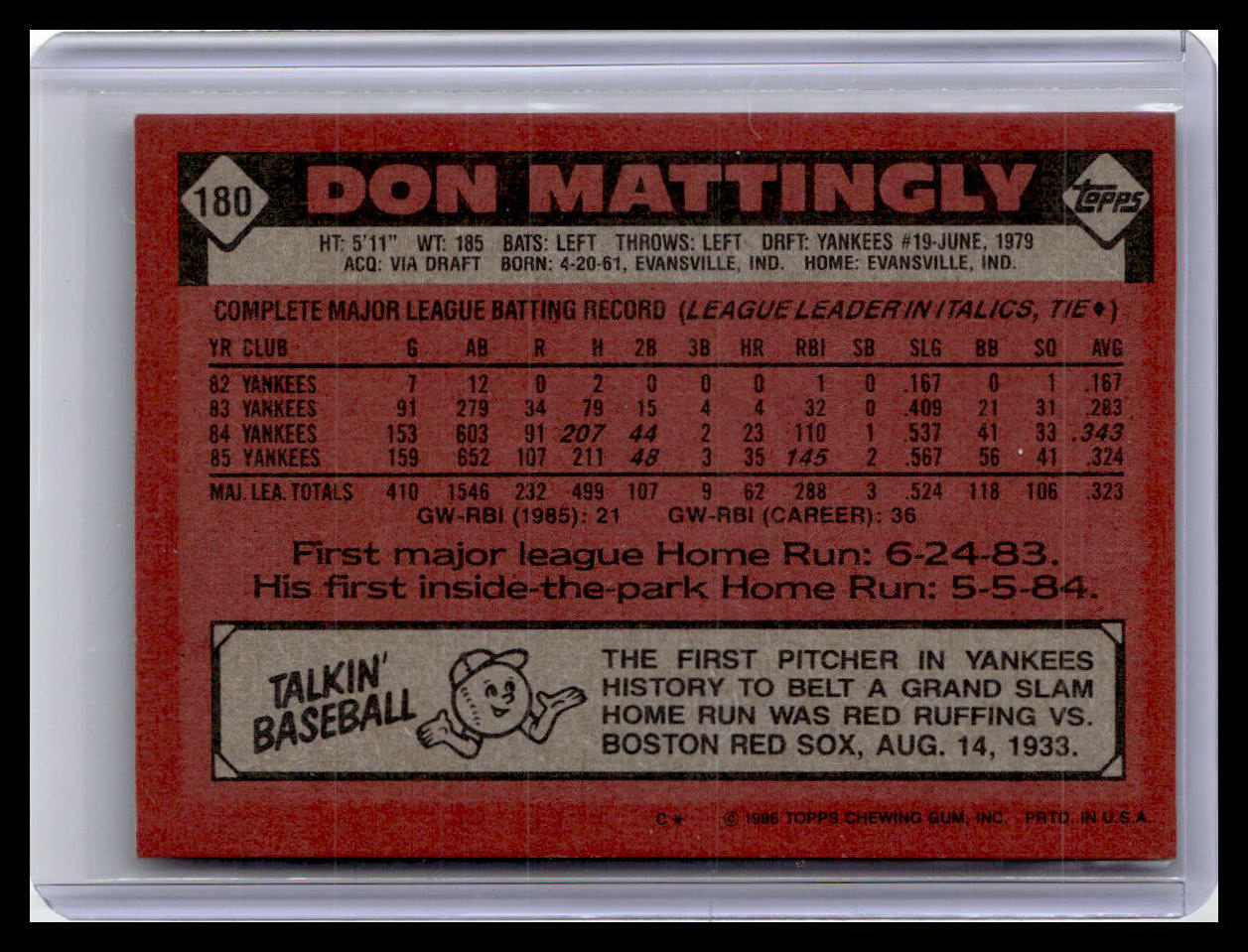 1986 Topps #180 Don Mattingly