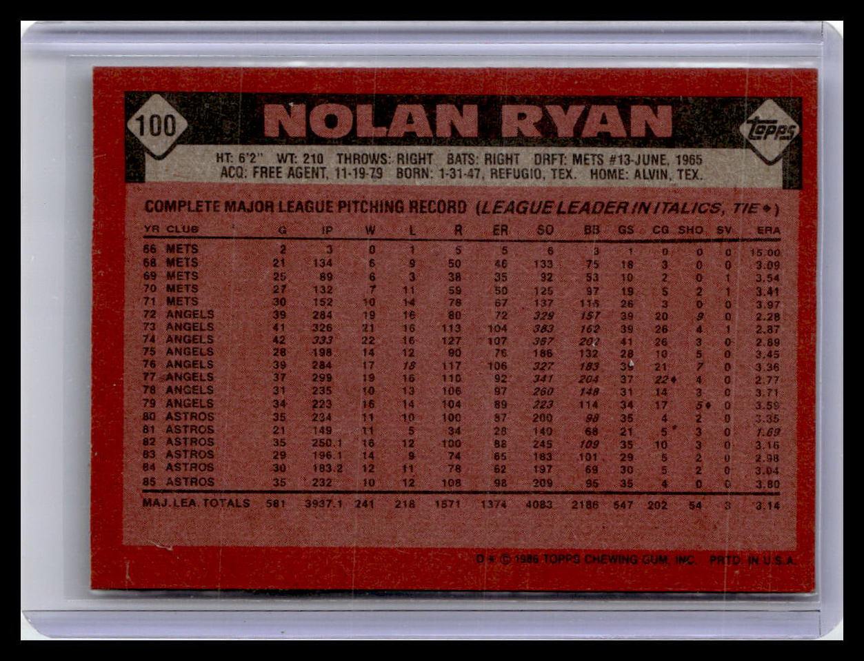 1986 Topps #100 Nolan Ryan
