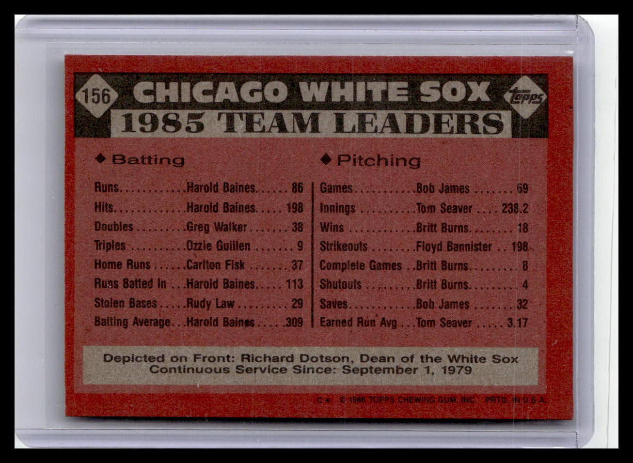1986 Topps #156 White Sox Leaders