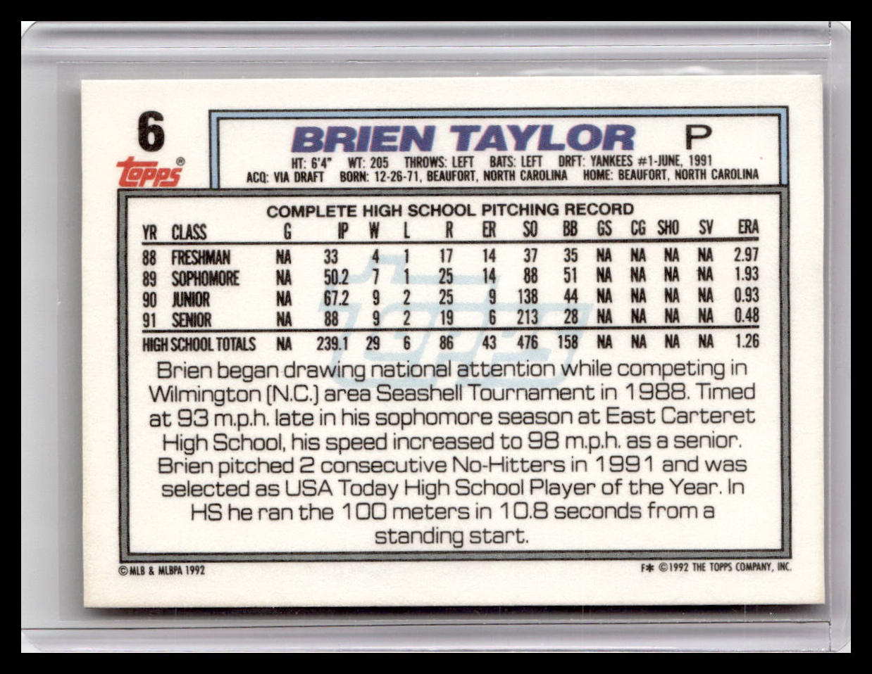 1992 Topps #6 Brien Taylor