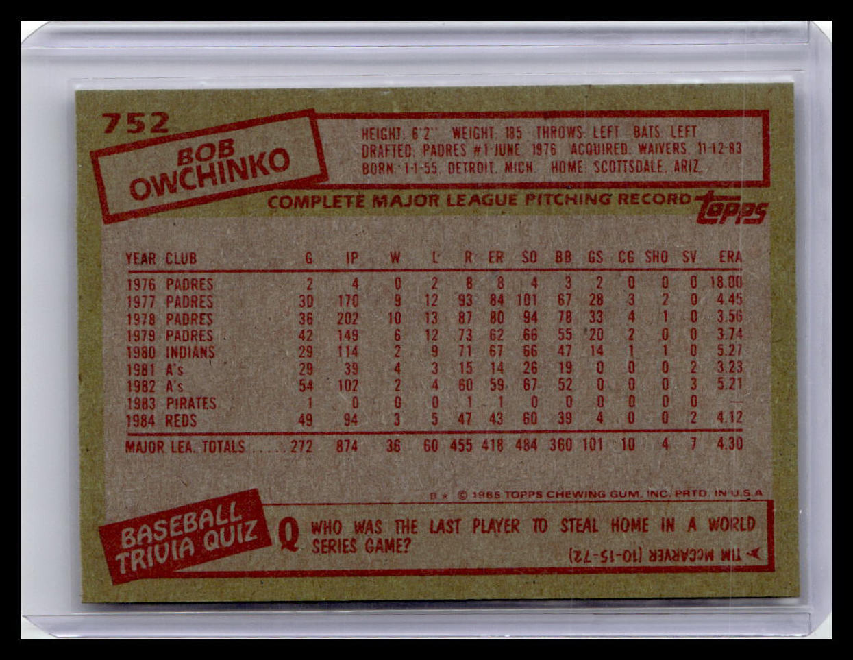1985 Topps #752 Bob Owchinko